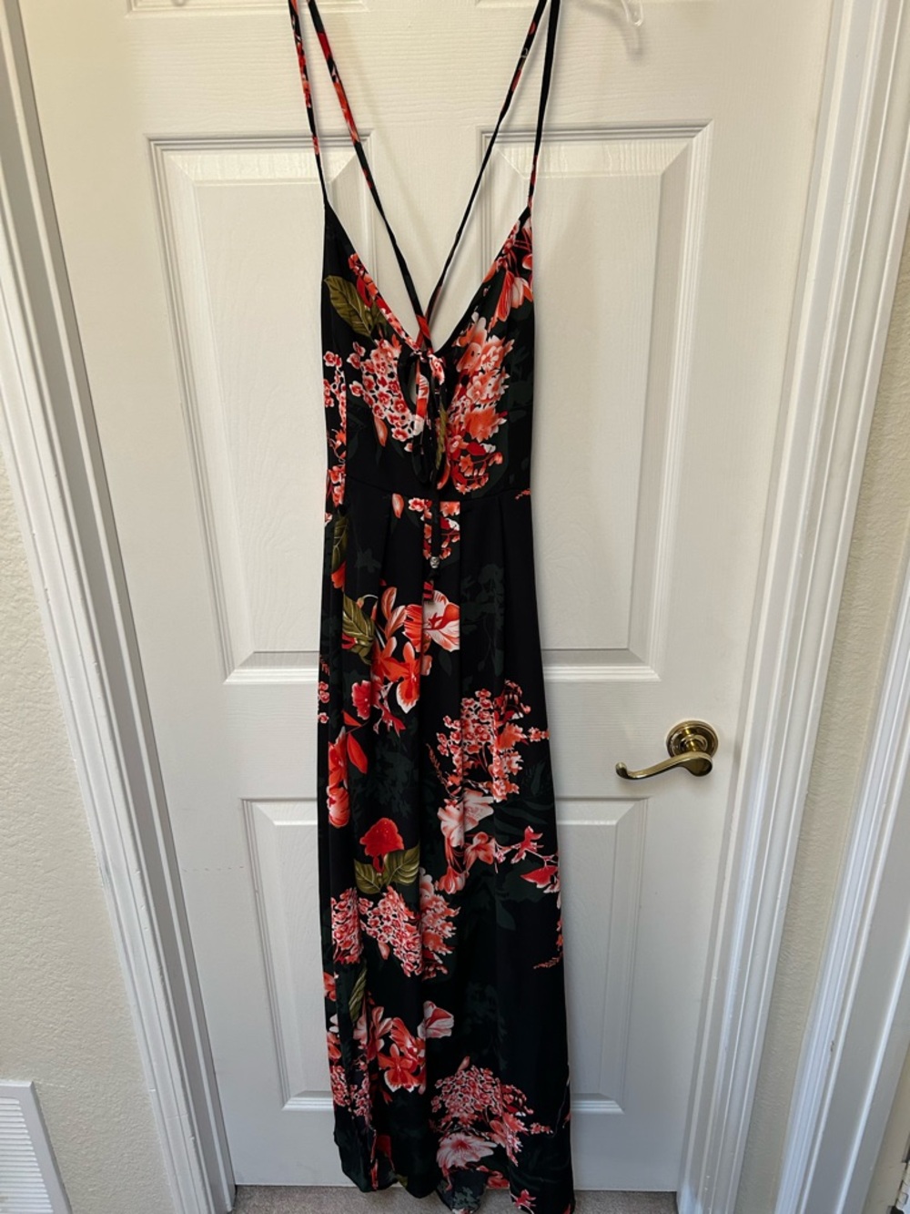 Black Floral Maxi Dress with Red Floral Print